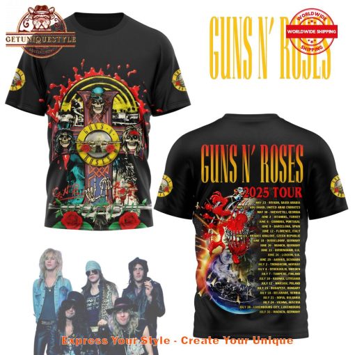 Guns N Roses 2025 Tour Schedule List Limited Edition Black Shirt